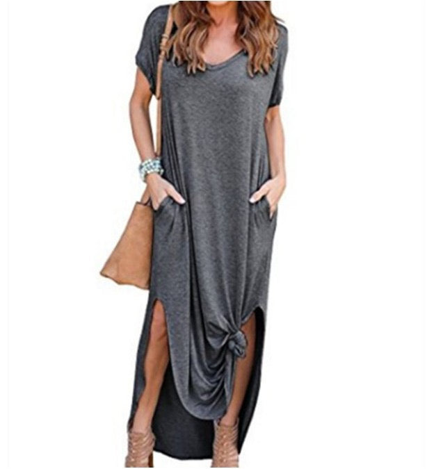 R1294 Short Sleeve Solid Color Pocket Maxi Dress