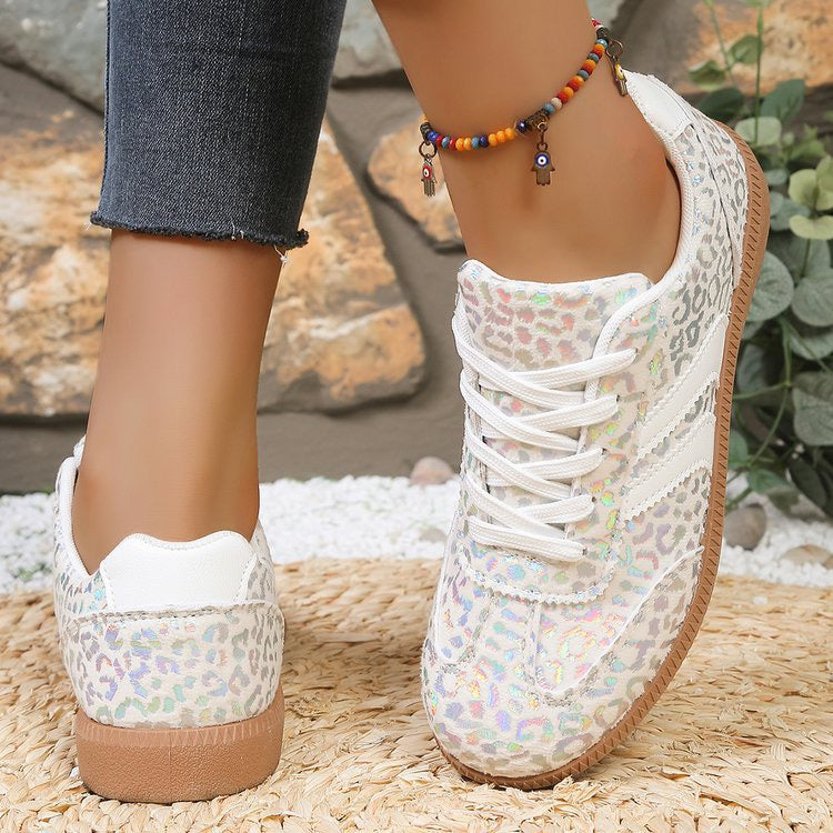 R1317 White PU Leather Detail Shimmer Leopard Printed Lace-up Sneakers