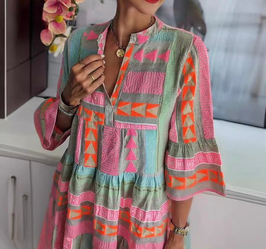 R1253 Boho Style V-neck and three-quarter sleeves ruffle dress