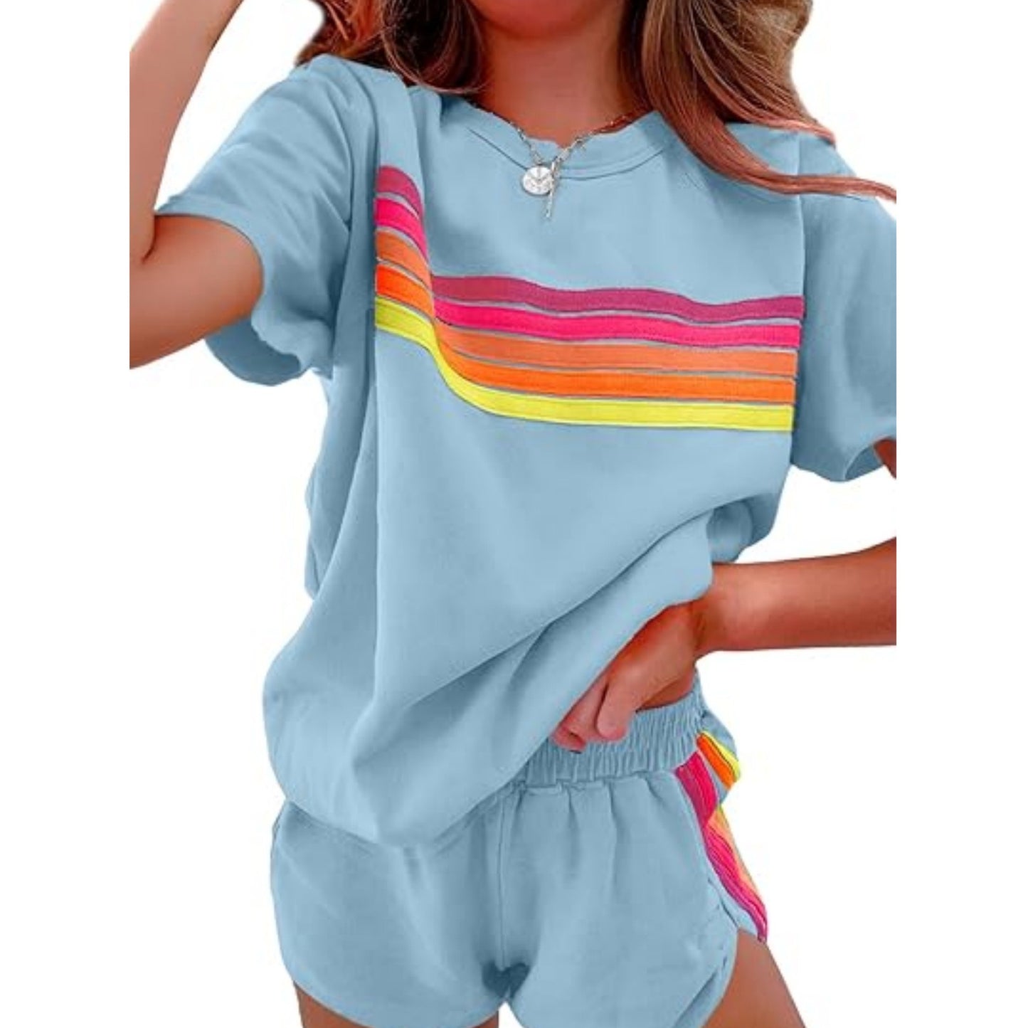 D4573 Rain Bow Patchwork Short Sleeve Two Pieces Set
