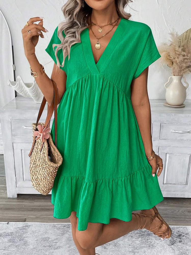 R1521 Short Sleeve Solid Color Ruffle Dress