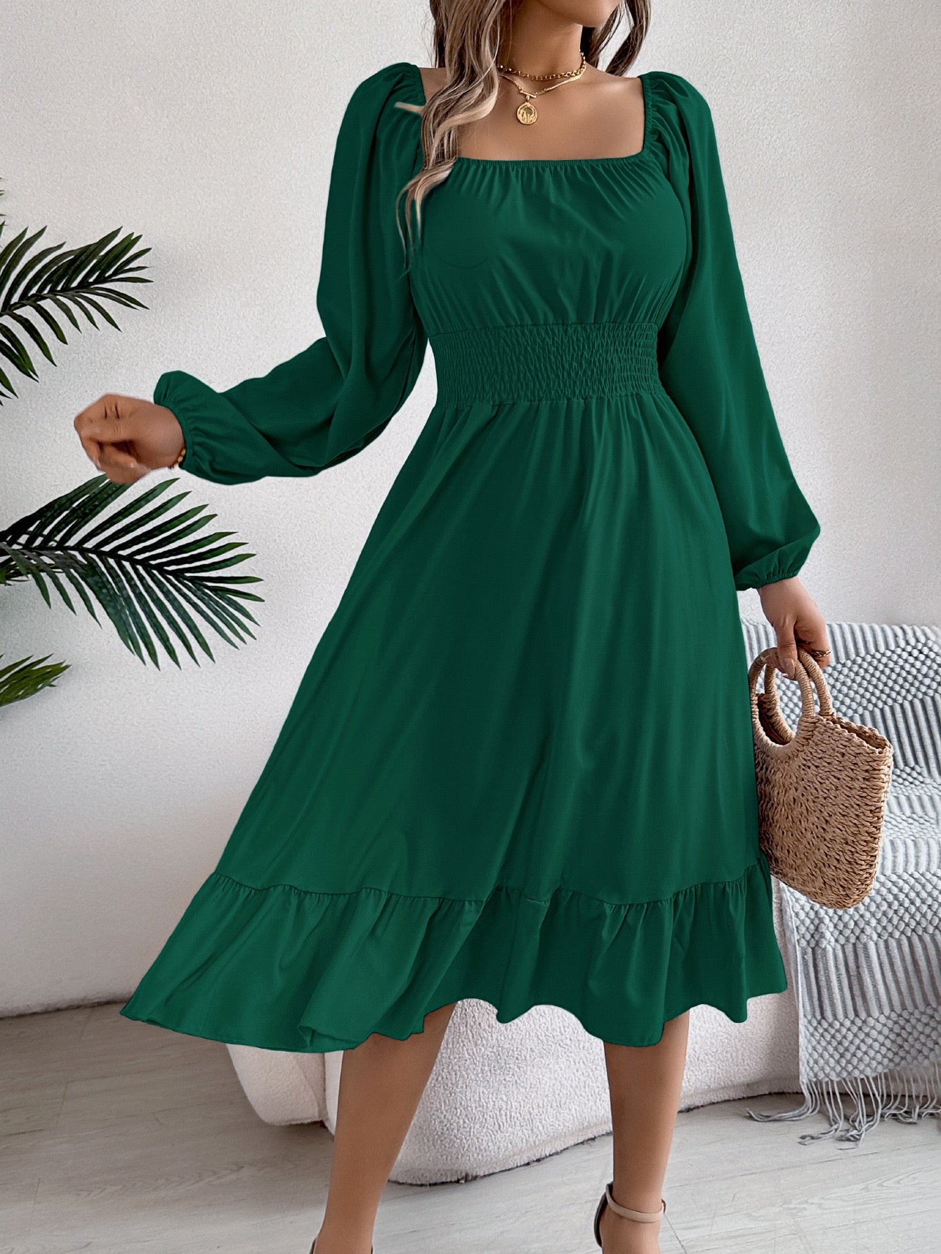 R1244 Solid-Color Square-Neck Long-Sleeve Waist-Defining Ruffle Hem Long Dress