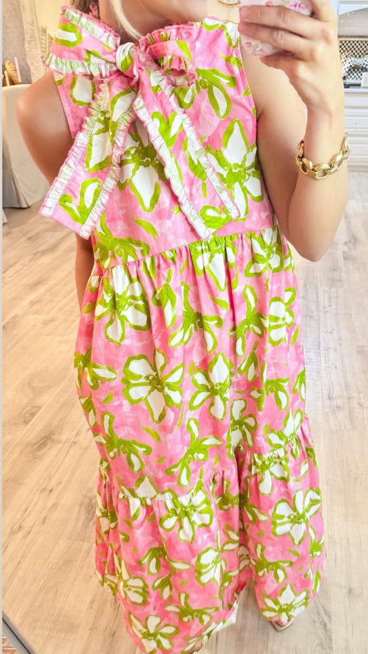 R1605 Bow Tie Sleeveless Floral Long Dress