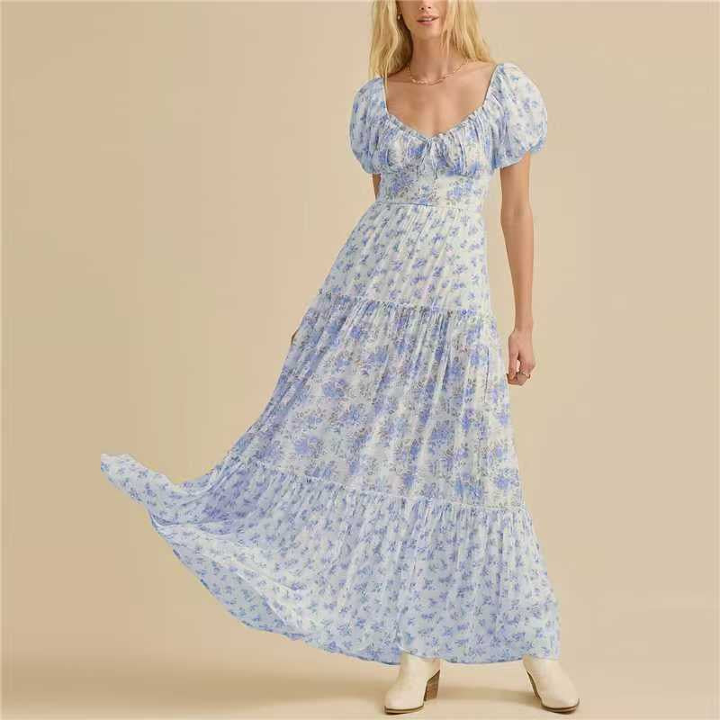 R1403 Puff Sleeve Floral Patchwork Long Dress