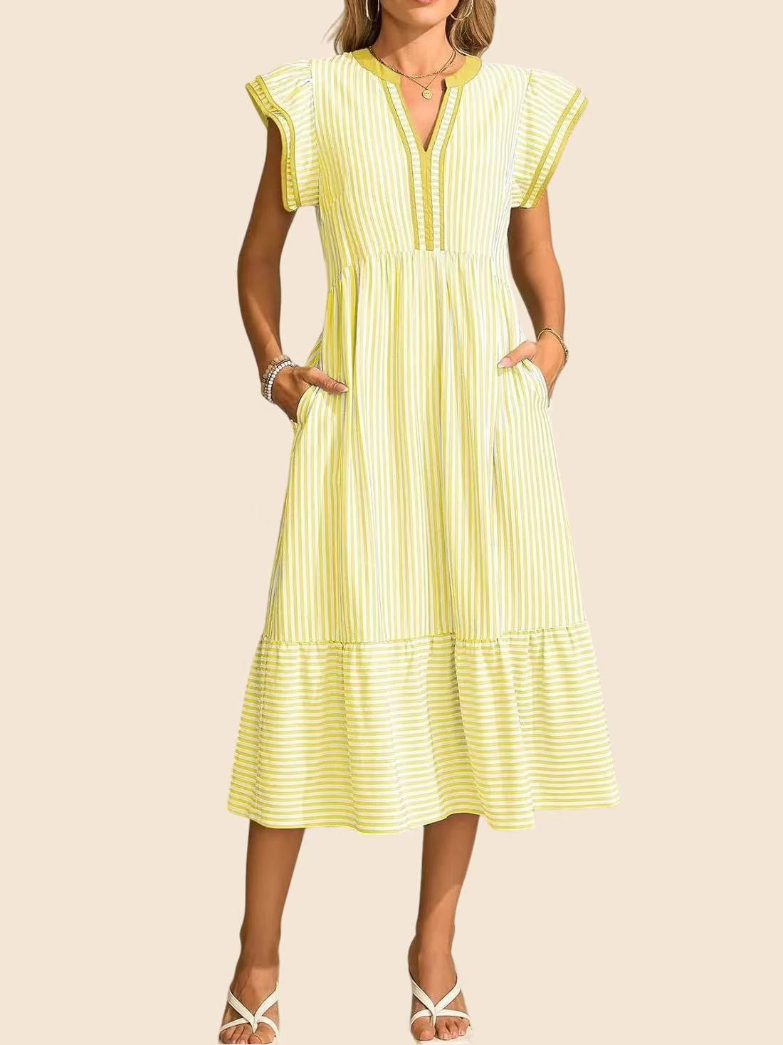 R1293 Stripe Double Ruffled Short Sleeve Long Dress