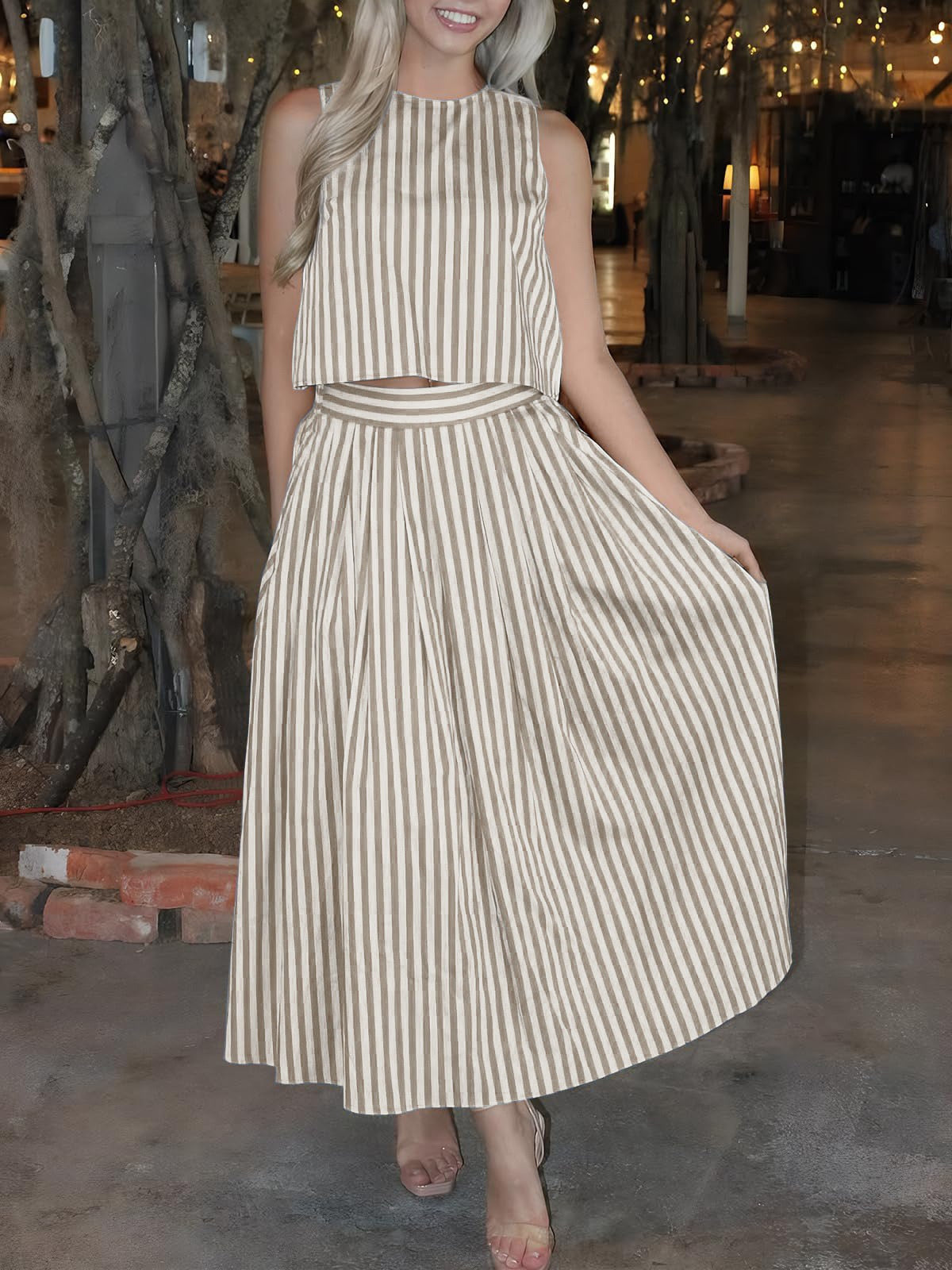 R1593 Stripe Button Two Pieces Long Dress Set