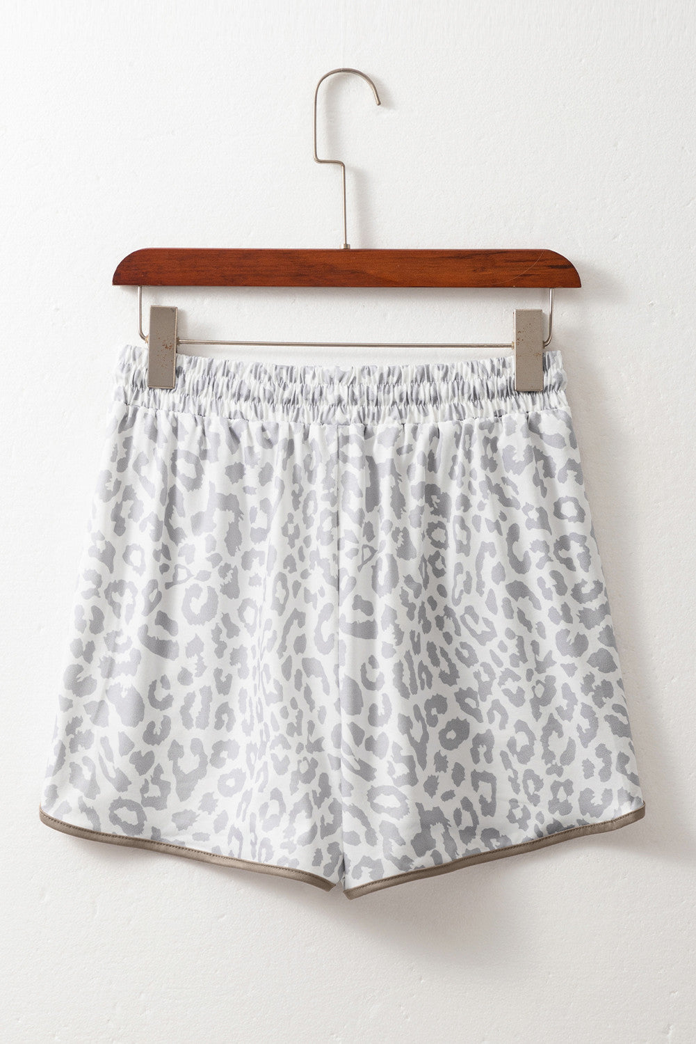 R1363 Leopard Elastic Waistband Lace up Contrast Trim Casual Shorts