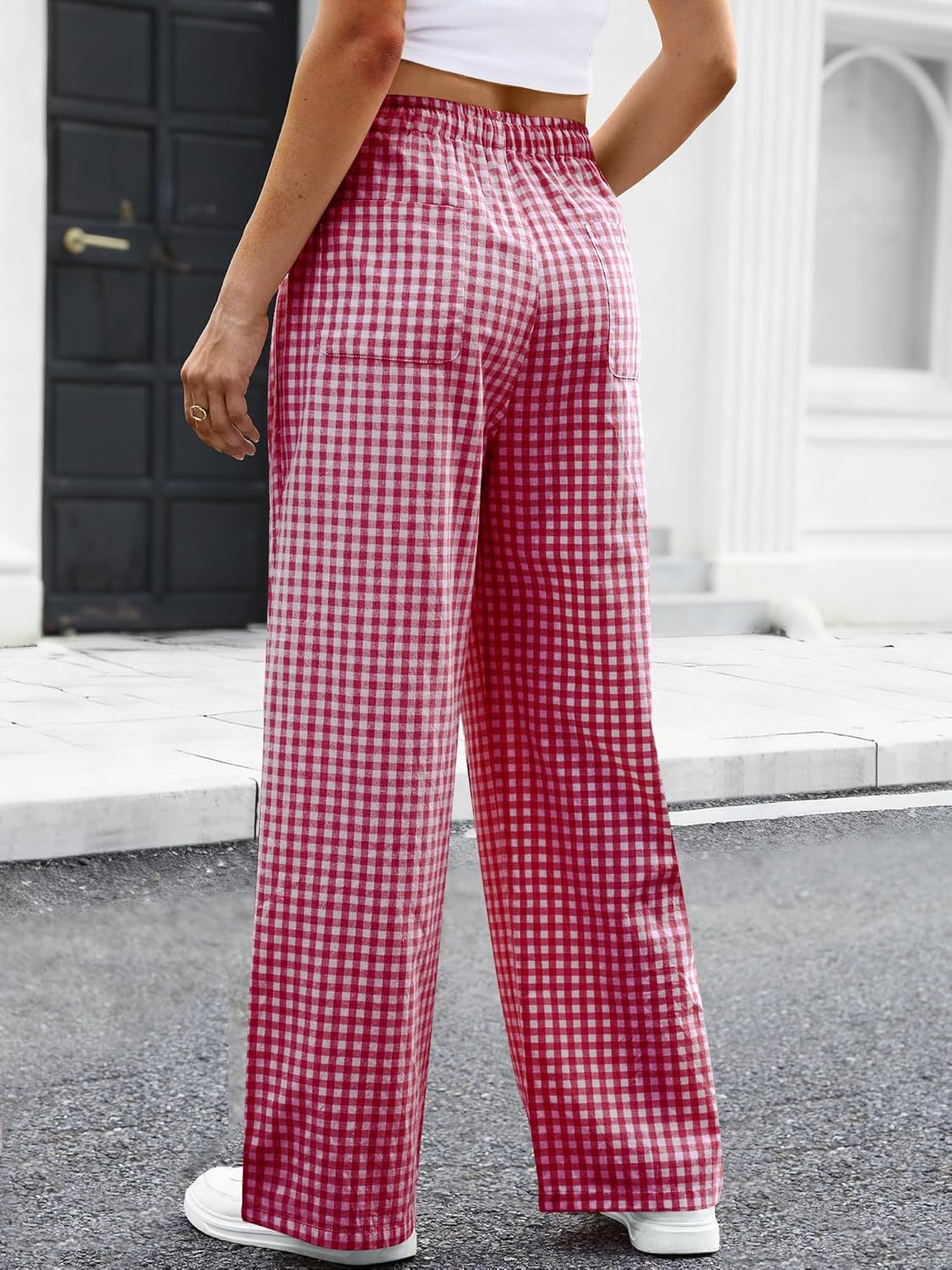 R1225 Women's High-Waisted Wide-Leg Plaid Drawstring Pajamas Pants