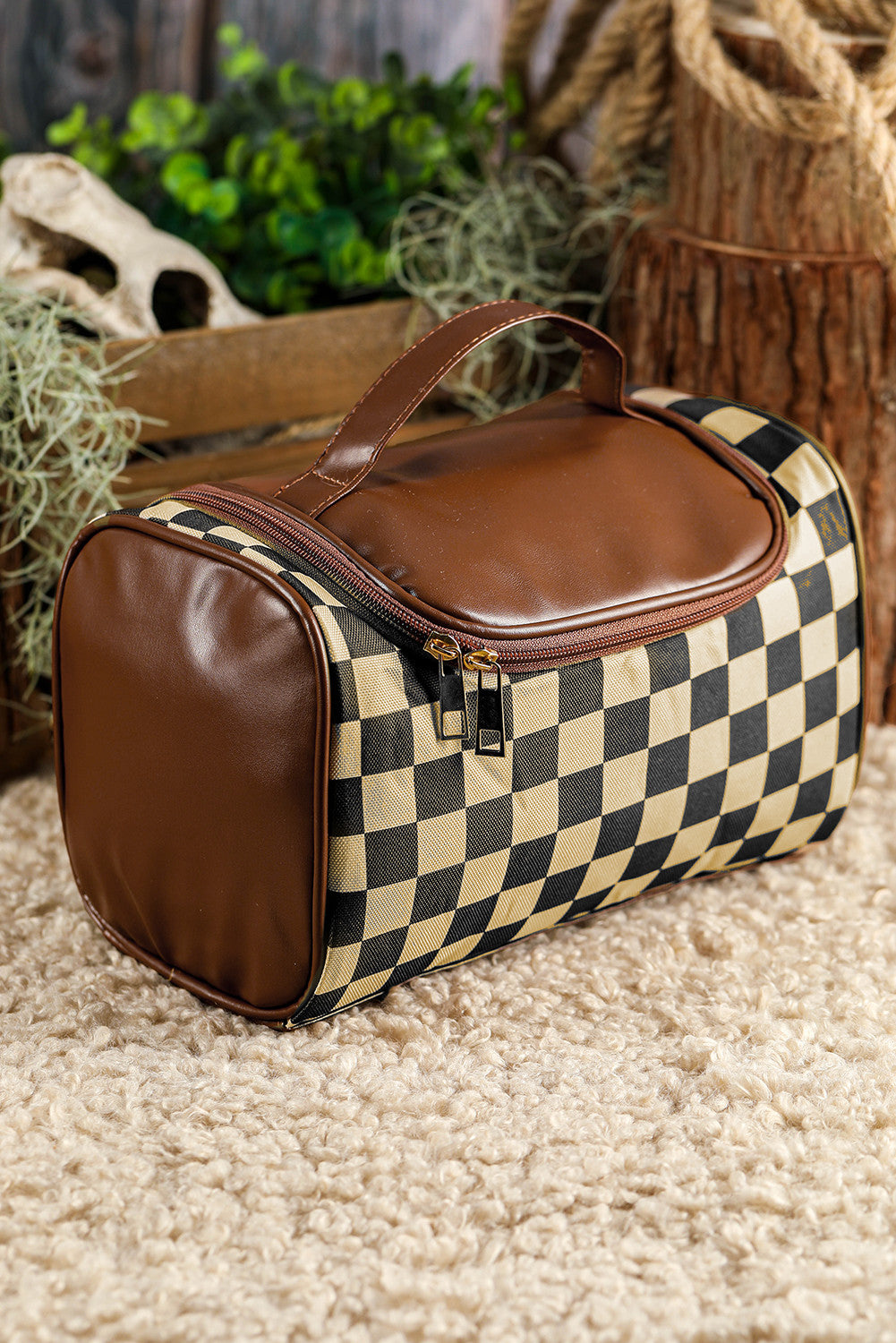 R1247 Checked PU Leather Makeup Bag