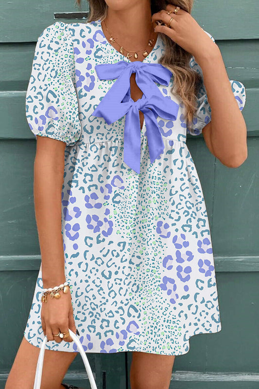 R1222 Blue Leopard Puff Sleeve Mini Dress