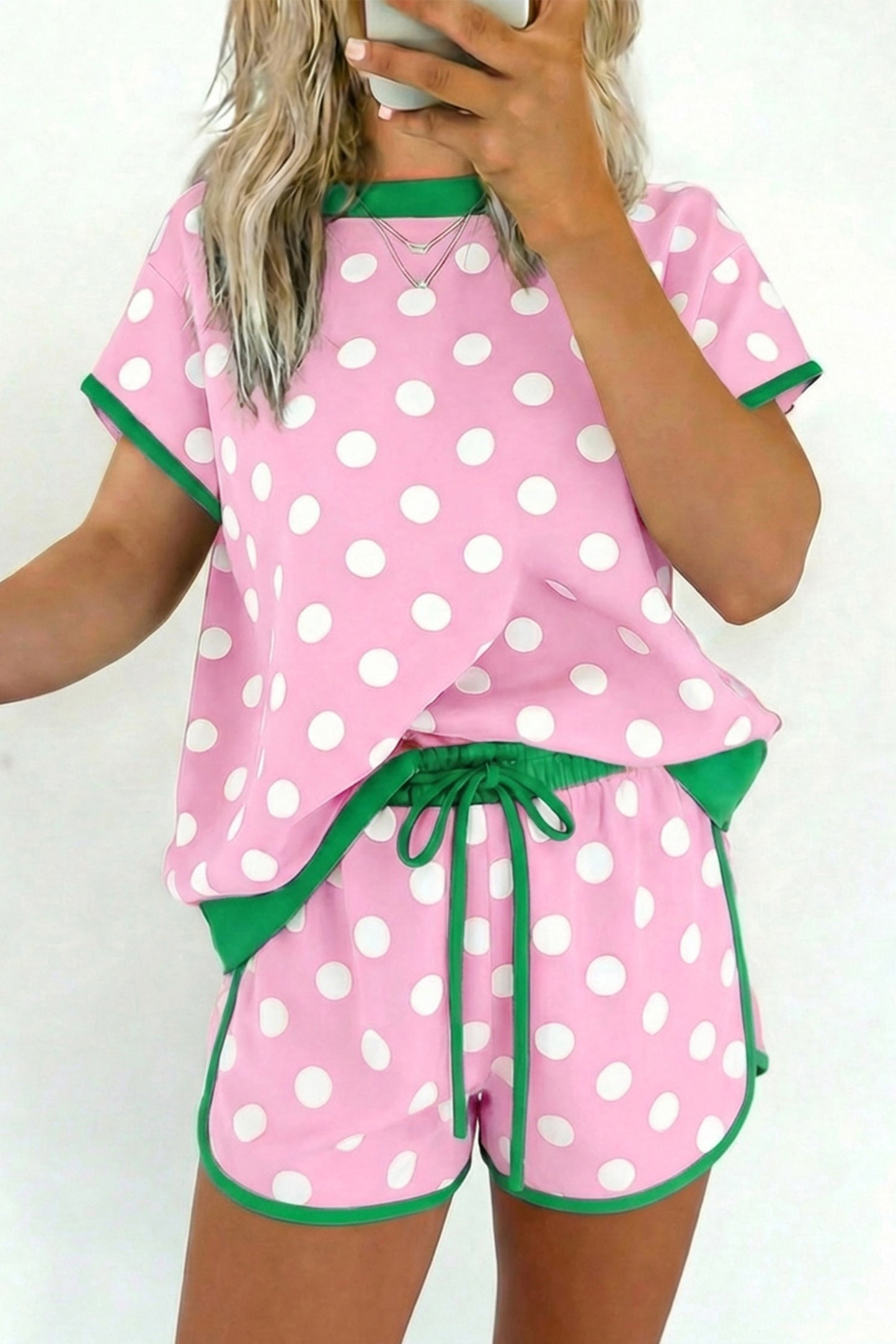 R1468 Polka Dot Contrast Edge Casual Short Set
