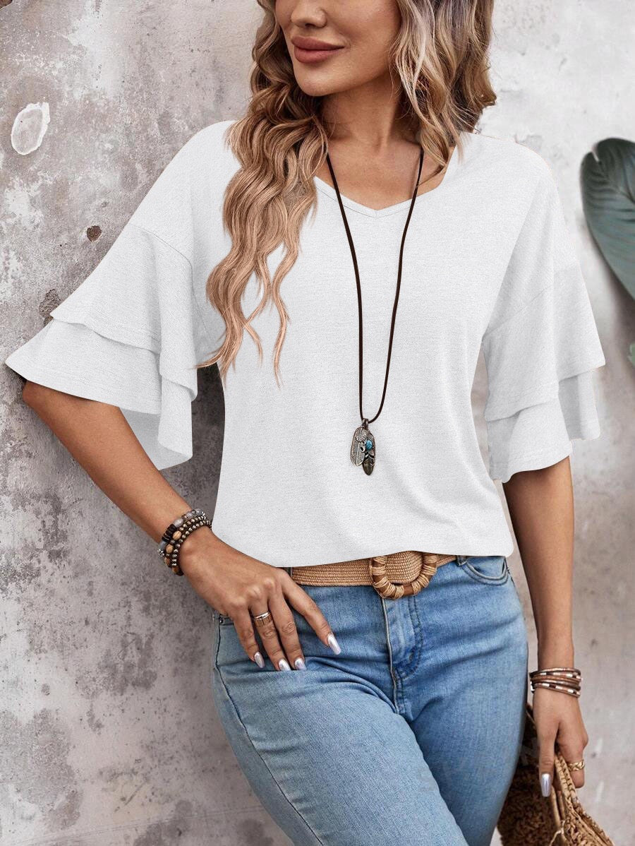 R1311 Solid Color Ruffle Sleeve Top