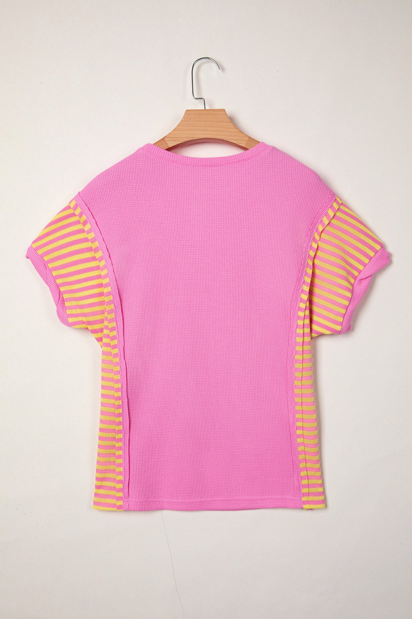 R1306 Waffle Textured Contrast Striped Patchwork Loose T Shirt