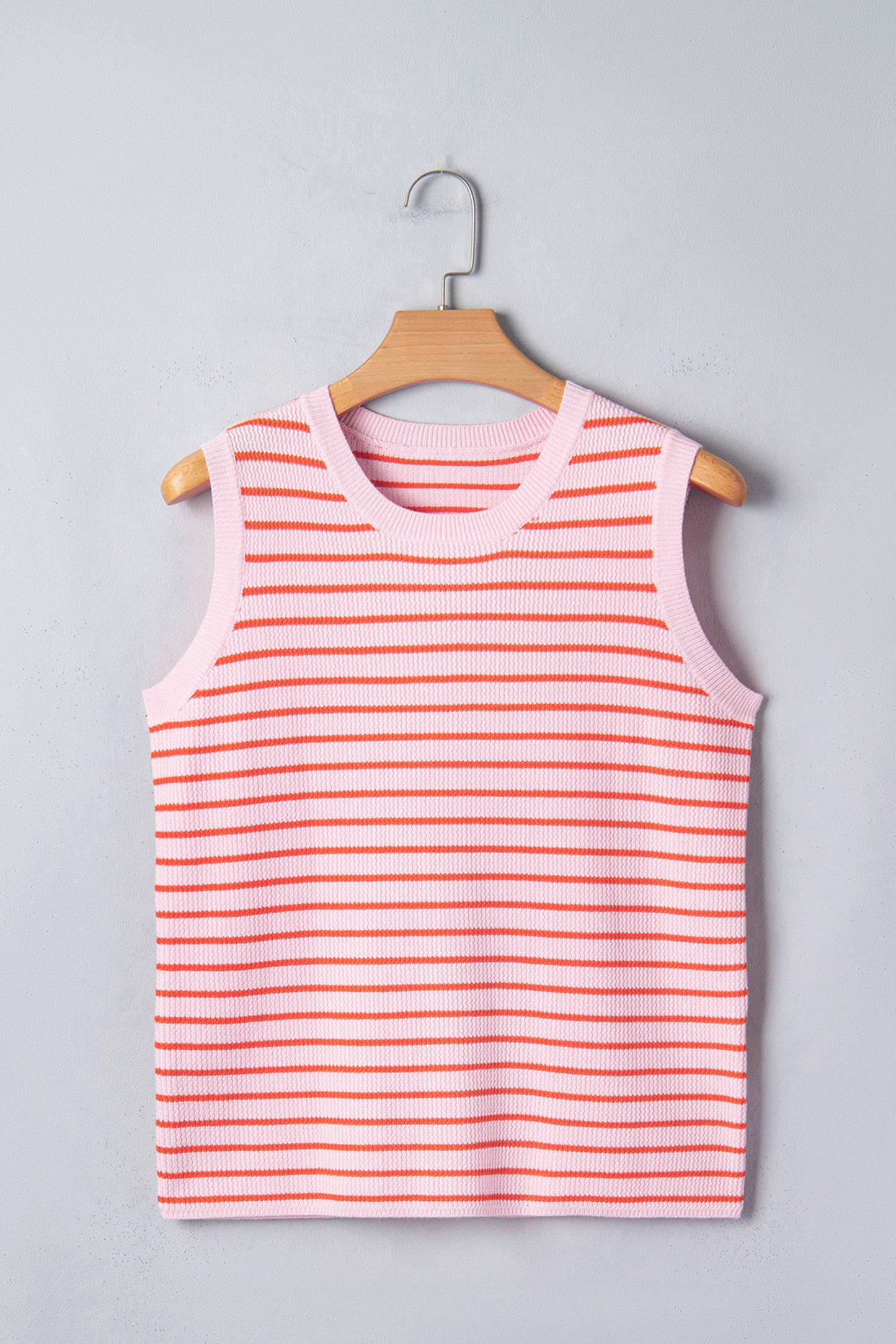 R1455 Pink Stripe Textured Knit Sleeveless Casual Sweater Top