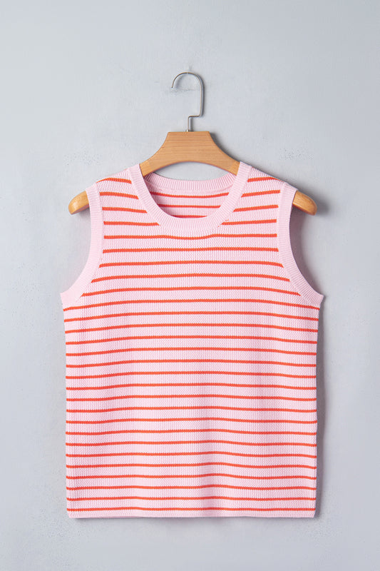 R1455 Pink Stripe Textured Knit Sleeveless Casual Sweater Top
