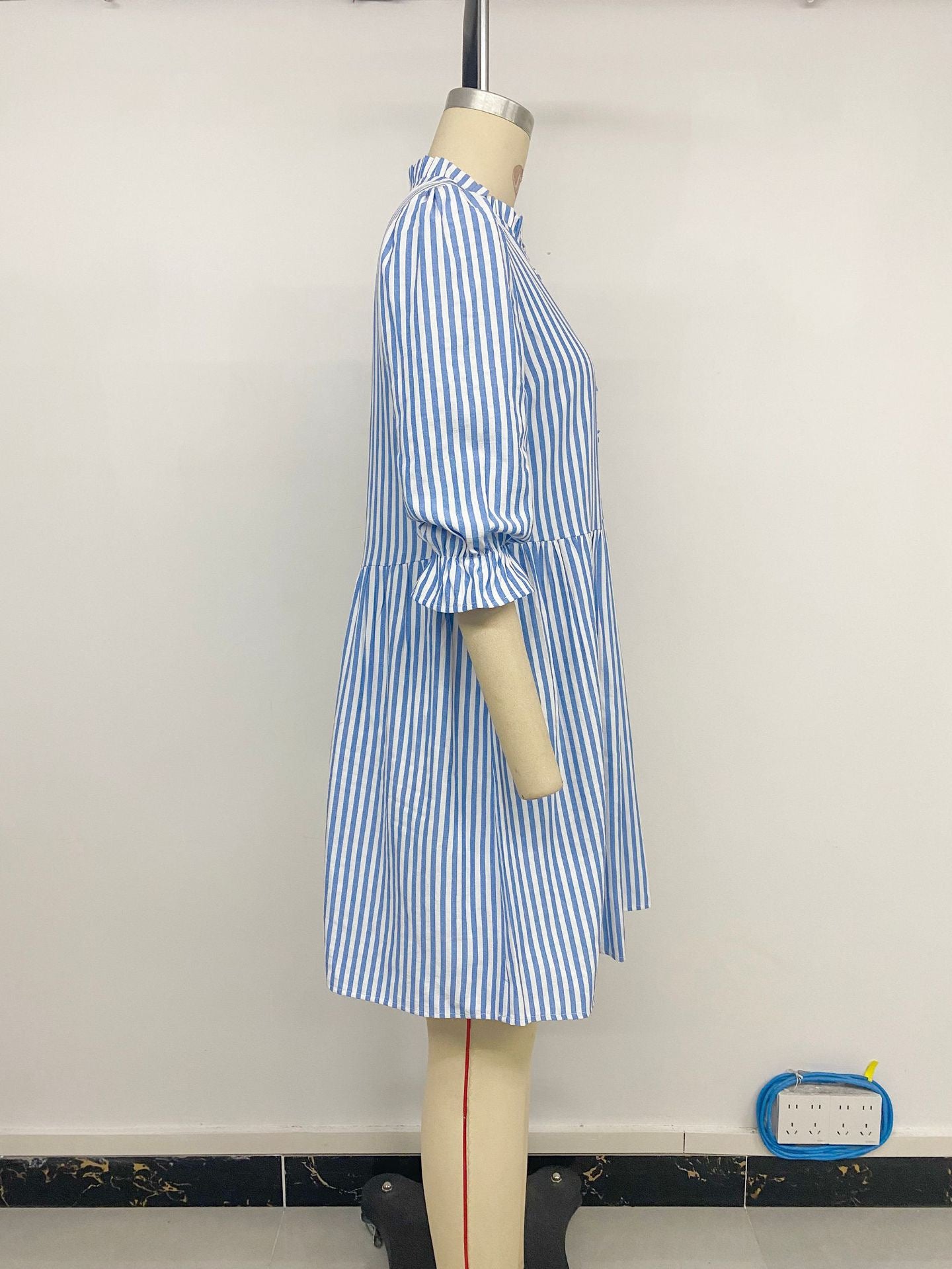 R1245 Bubble Sleeve Stand Collar Striped Dress for Women Summer