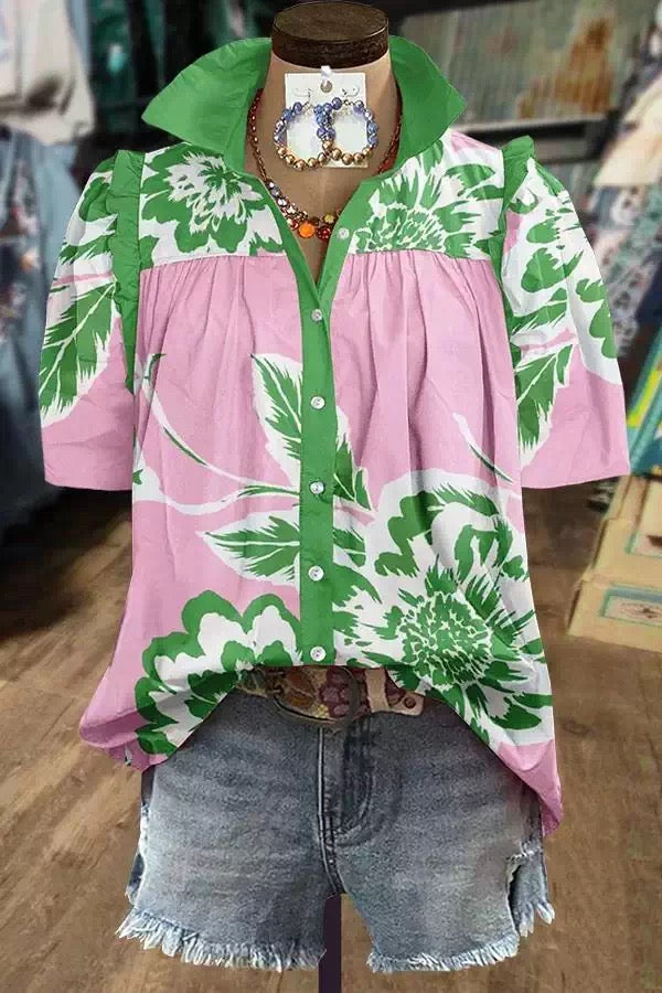 R1592 Short Sleeve Button Front Floral Blouse