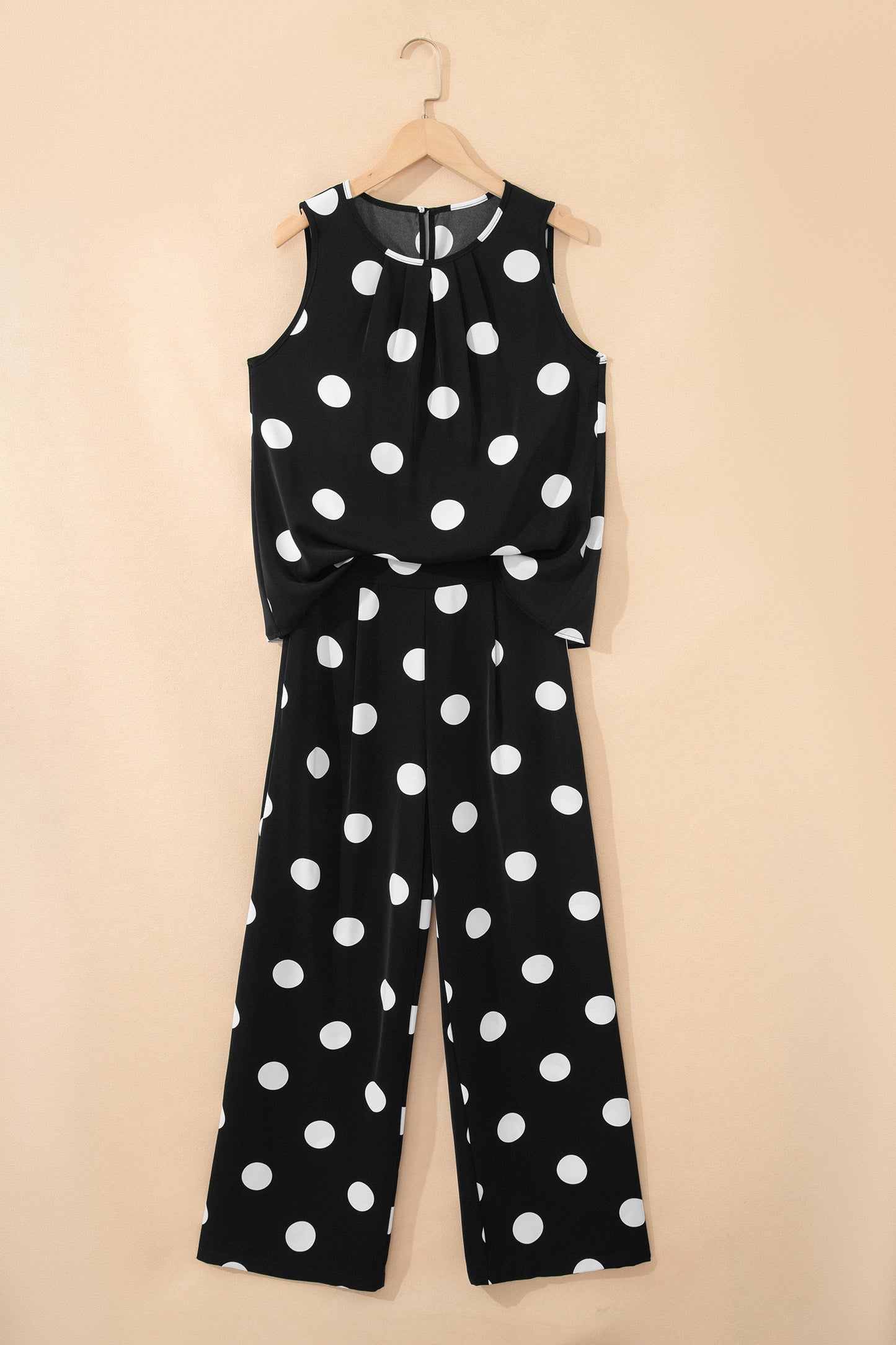 R1457 Black Polka Dot Print Pleated Round Neck Tank Casual Wide Leg Two-Piece Outfit