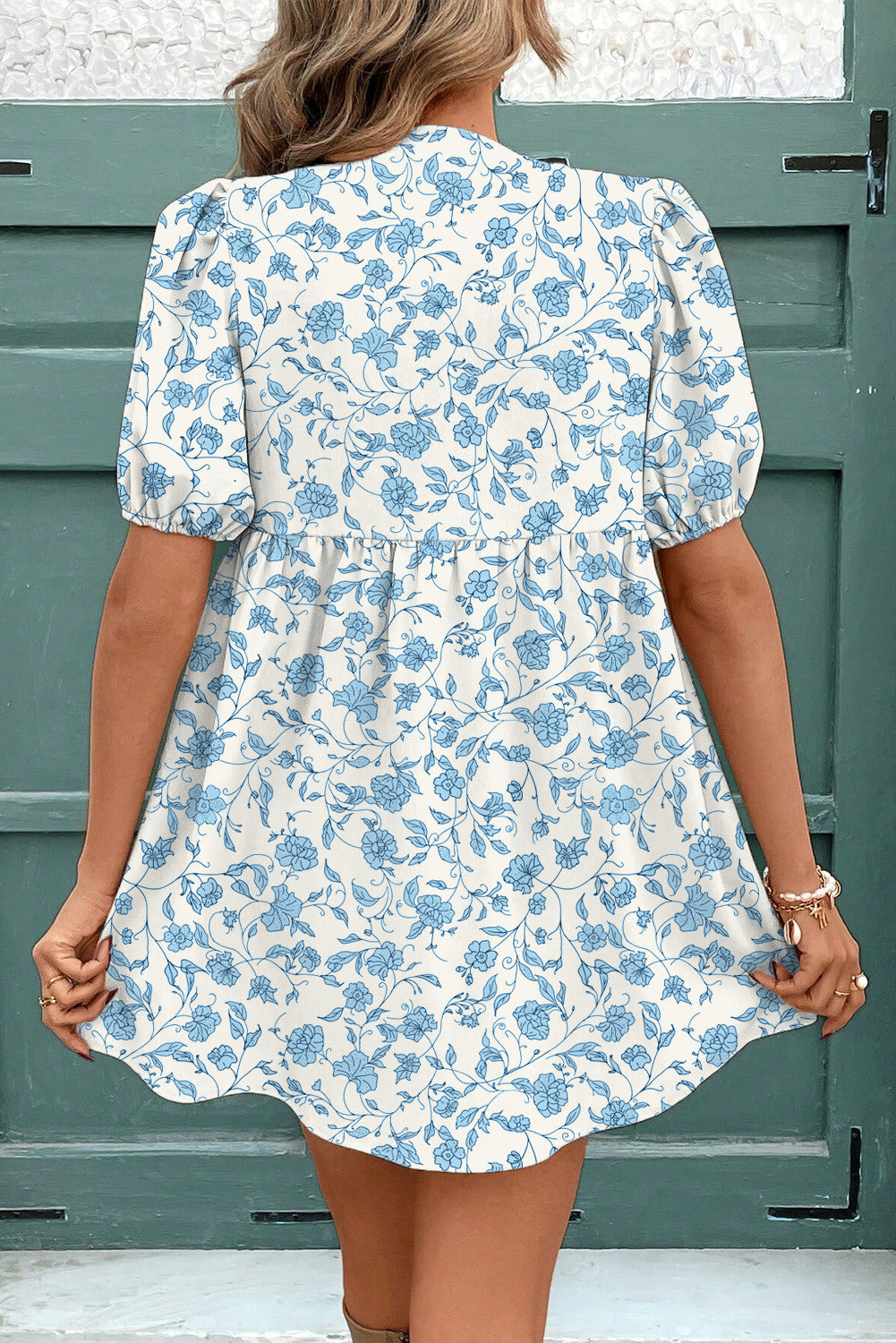 R1222 Blue Leopard Puff Sleeve Mini Dress