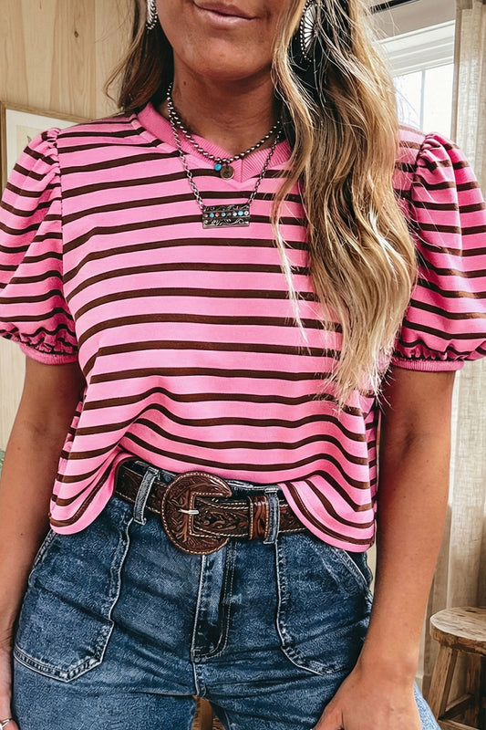 R1451 Rose Stripe Striped V-Neck Ribbed Collar Cuff Gathering Puff Sleeve Top