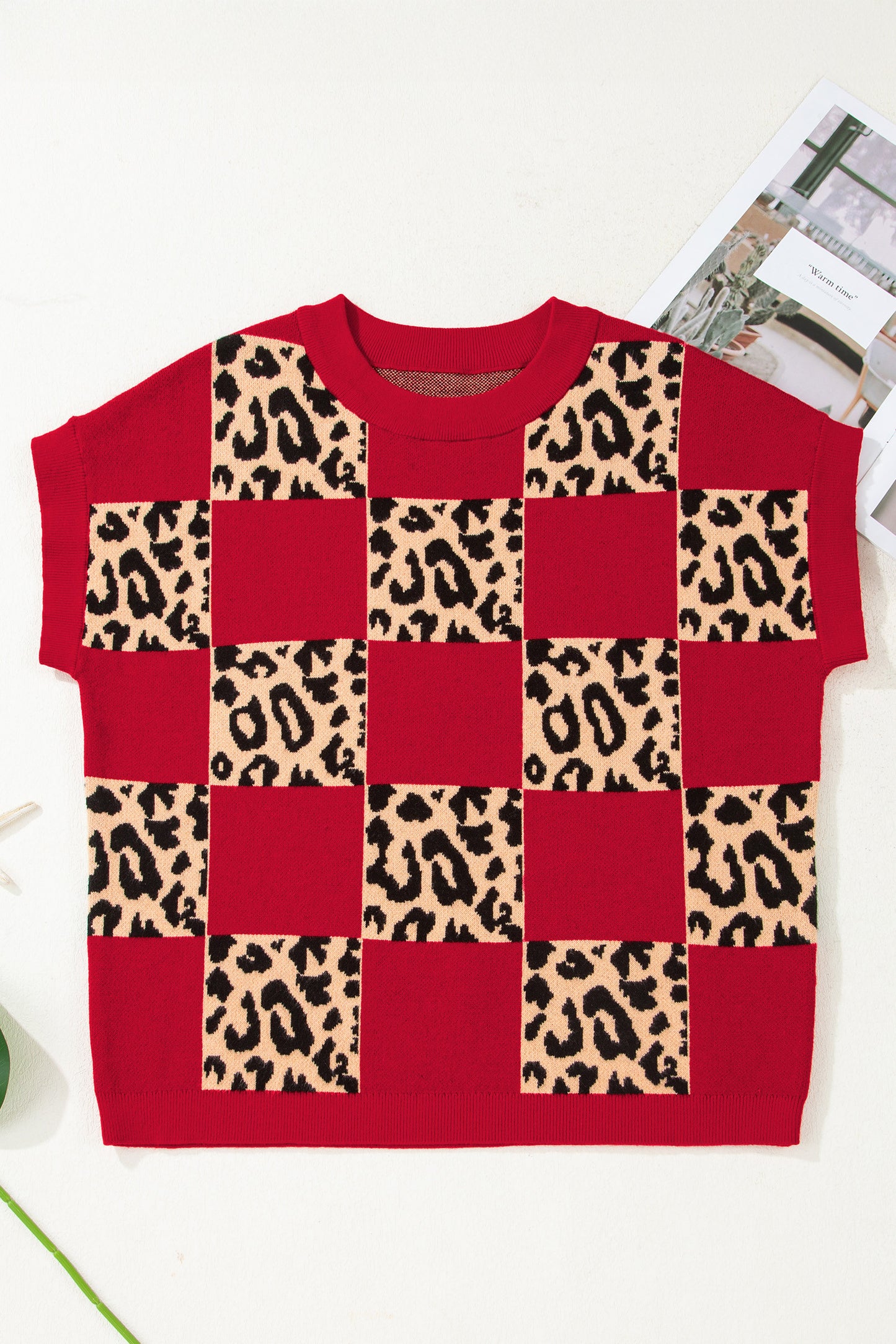 D5333 Leopard Checkerboard Short Sleeve Knit Sweater