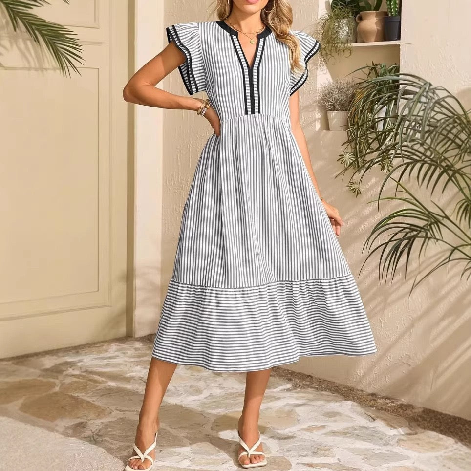 R1293 Stripe Double Ruffled Short Sleeve Long Dress