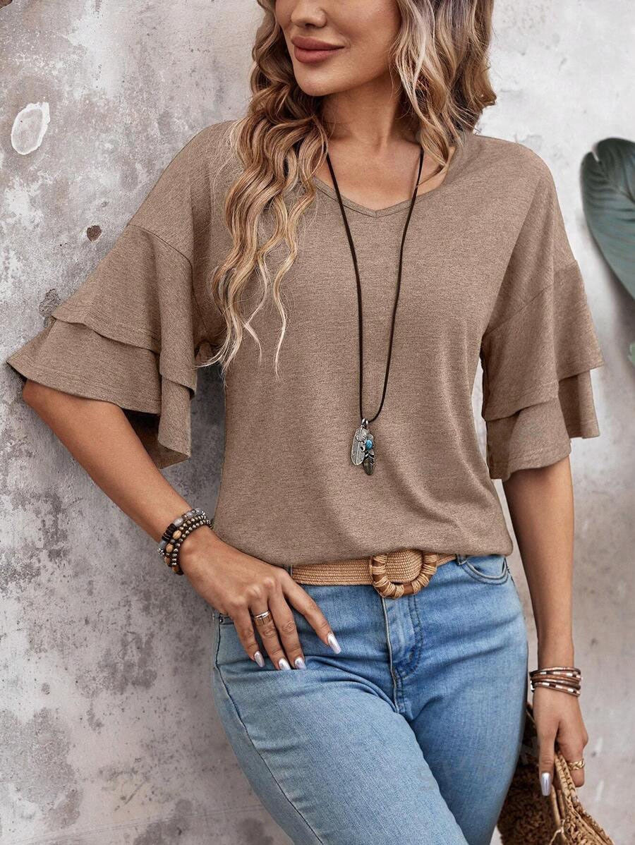 R1311 Solid Color Ruffle Sleeve Top