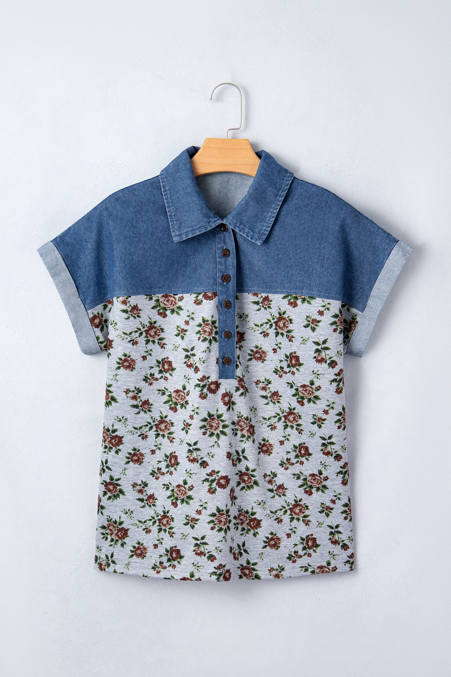 R1249 Floral & Denim Patchwork Top with Polo Collar