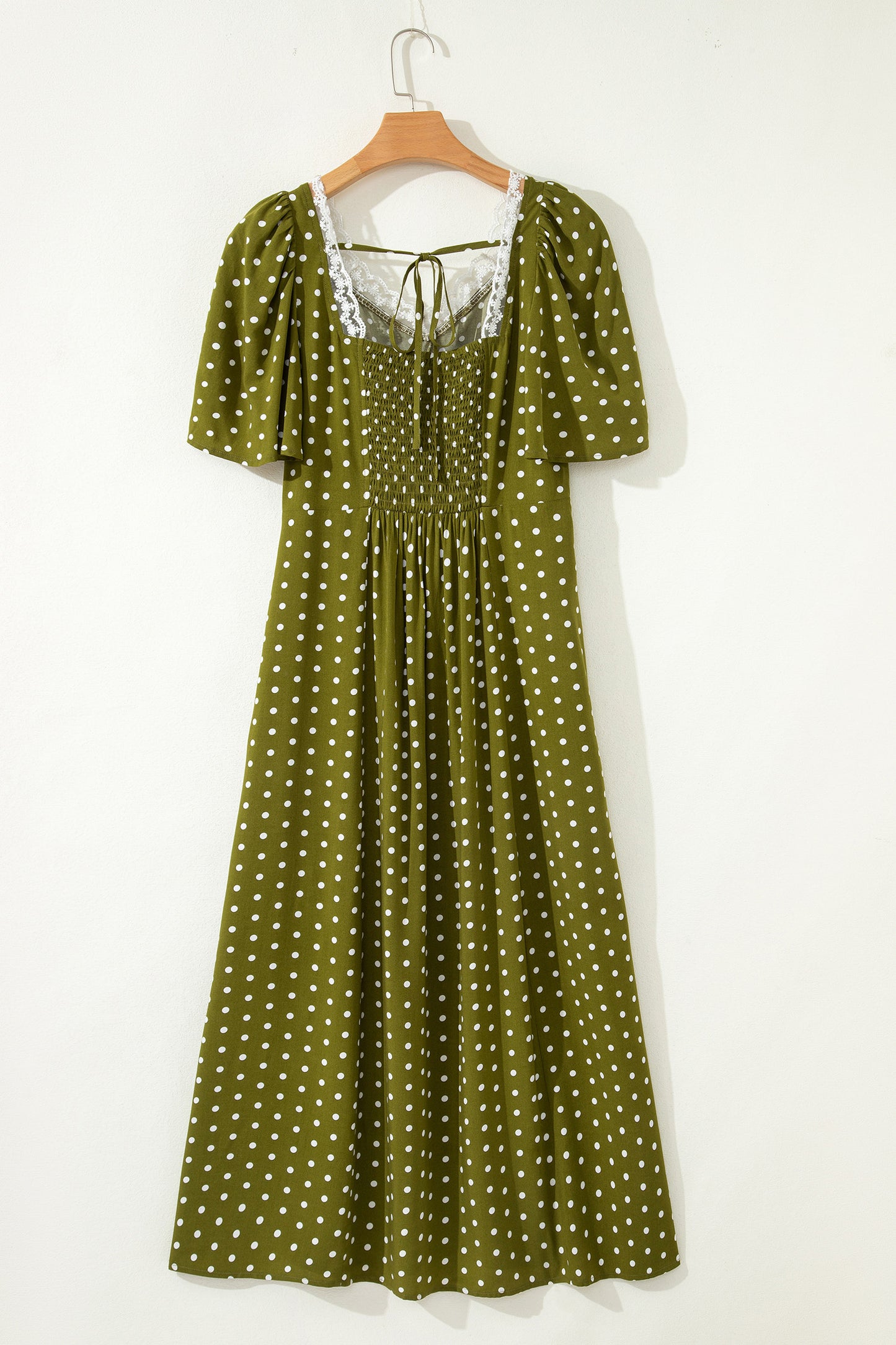 R1287 Green Polka Dot Print Smocked Maxi Dress
