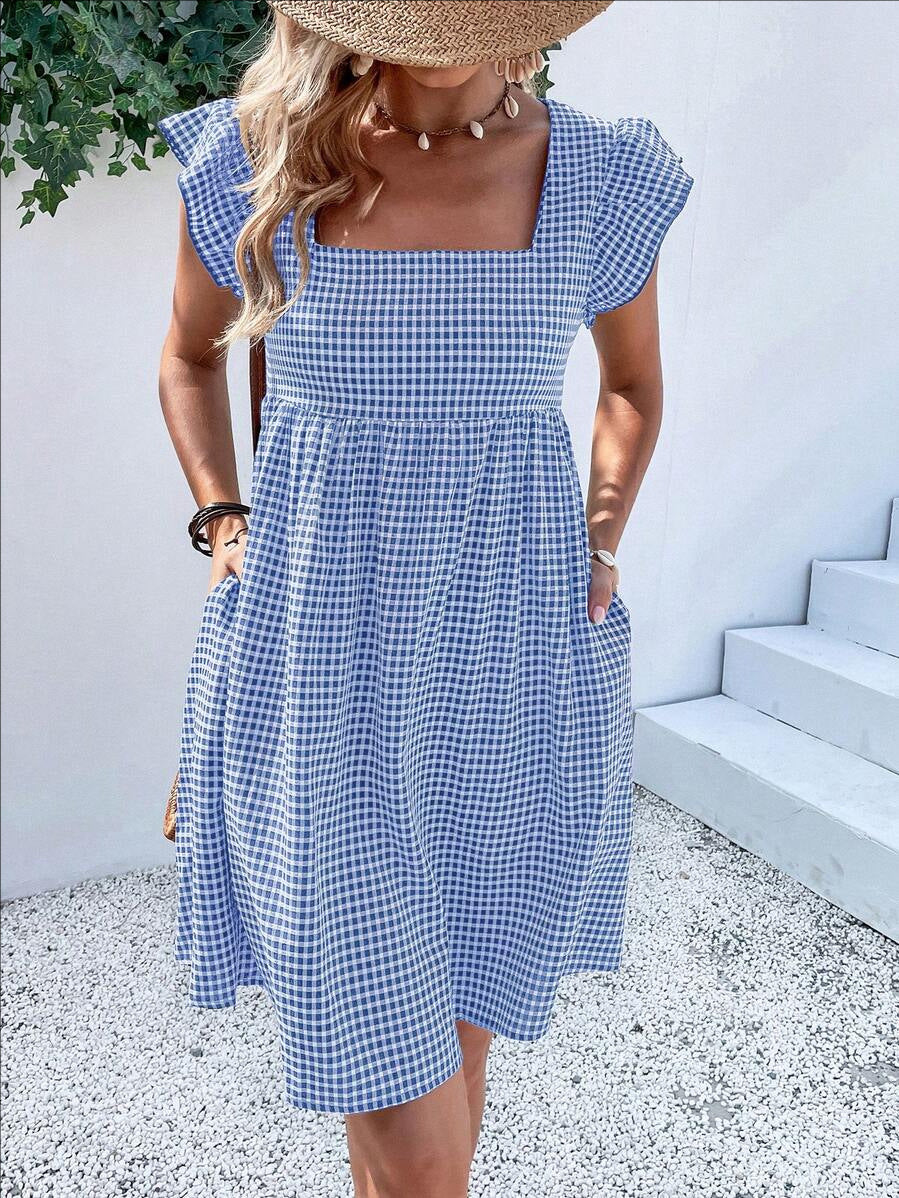 D5494 Ruffle Sleeve Checked Print Pocket Dress