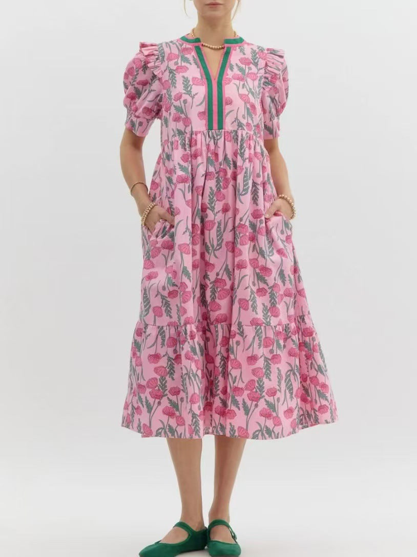 D5461 Puff Sleeve Floral Long Dress