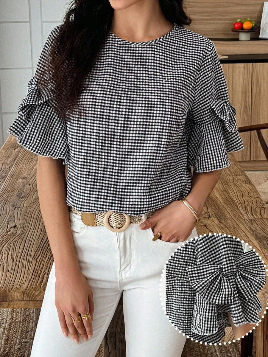 D5491 Bowknot decorated checkered top, ruffled cuffs, puffed sleeves top