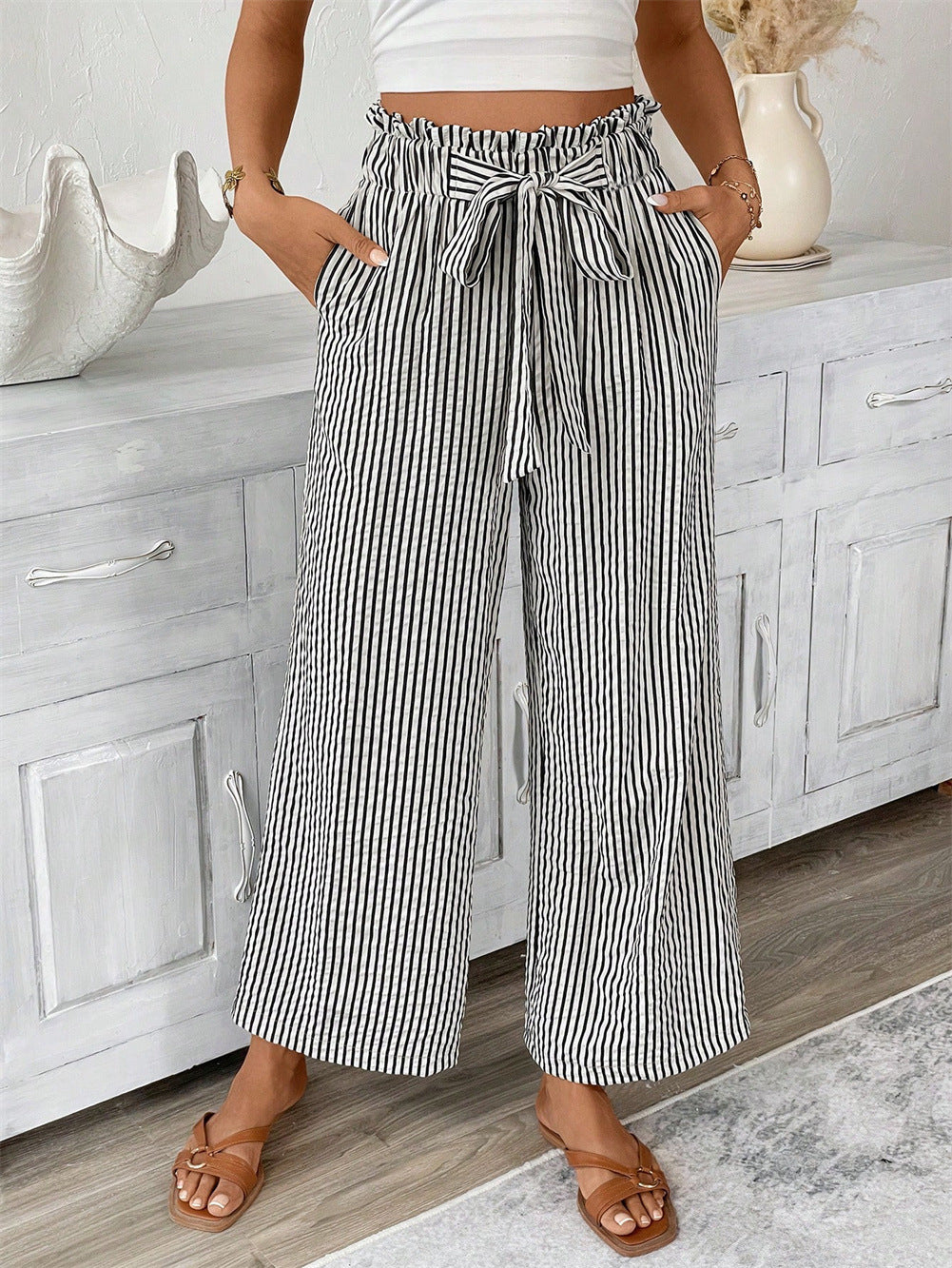 D5453 Summer Bow Knot Stripe Pocket Pants