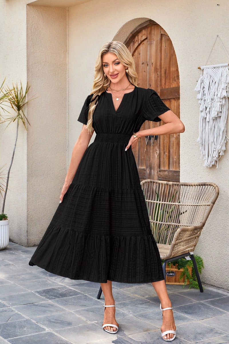 D5479 Solid Color Ruffle Dress Big Hem Long Dress
