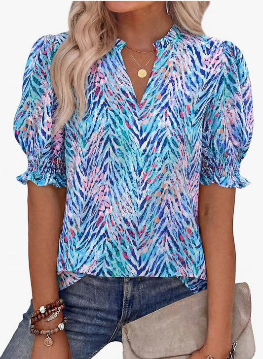 R5474 Puff Sleeve Floral Blouse