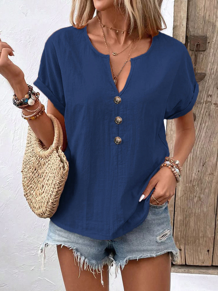 D5454 Short Sleeve Button Up V Neck Shirt