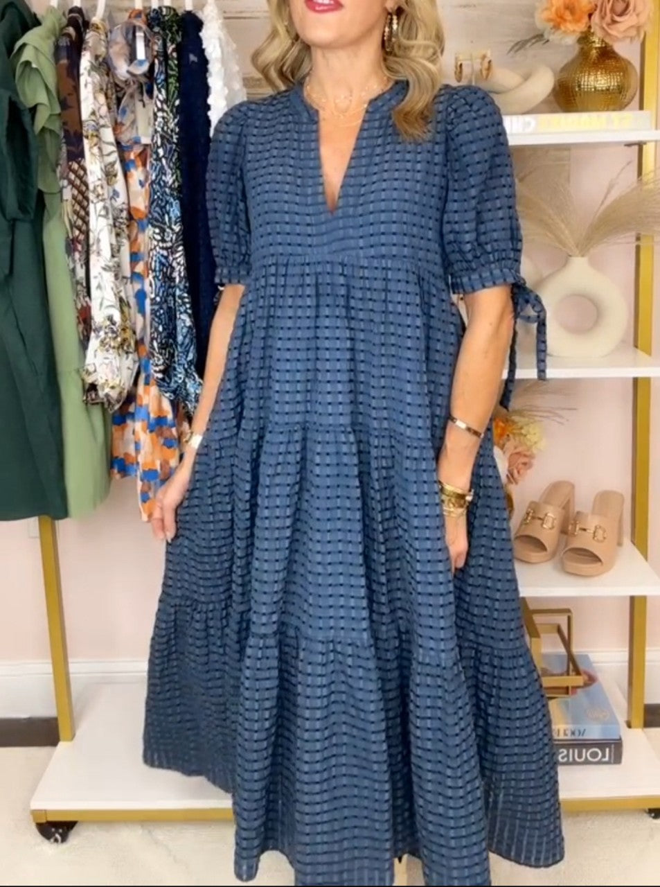 D5358 Deep V Neck Puff Sleeve Ruffle Long Dress