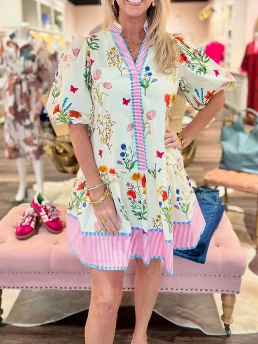 D5463 Half Sleeve Floral Print Mini Dress