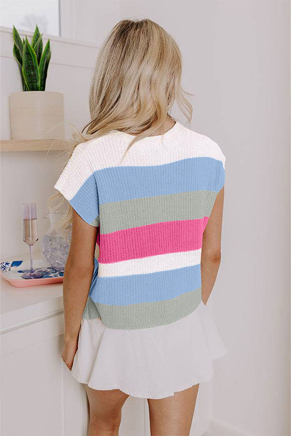 D5096 Color Block Short Sleeve Sweater T Shirt