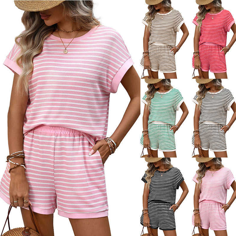 D5320 Bat Sleeve Stripe Two Pieces Shorts Set