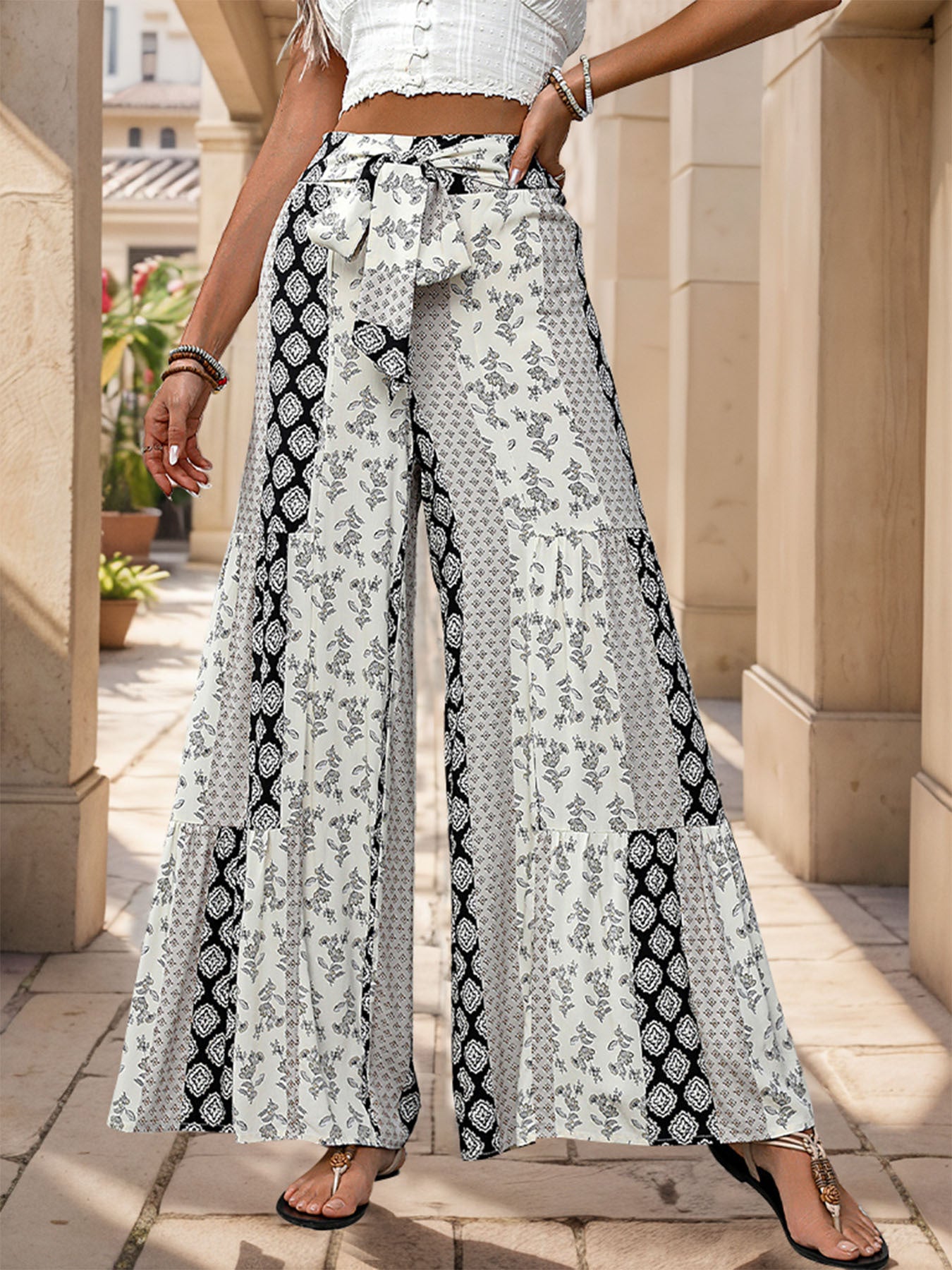 D5377 Summer Fashion Boho Style Wide Leg Pants