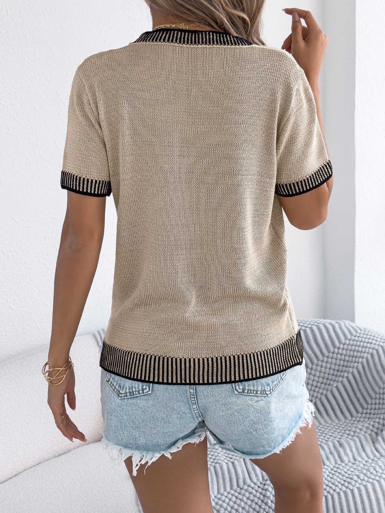 D5397 Contrast color striped pocket short-sleeved knitted sweater top