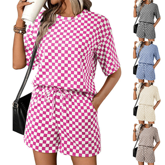 D5419 Checkered print round neck short-sleeved drawstring pocket short set