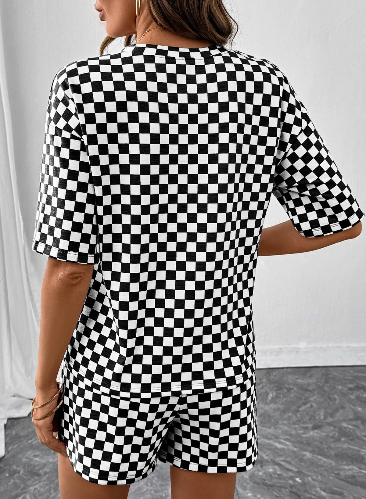 D5419 Checkered print round neck short-sleeved drawstring pocket short set