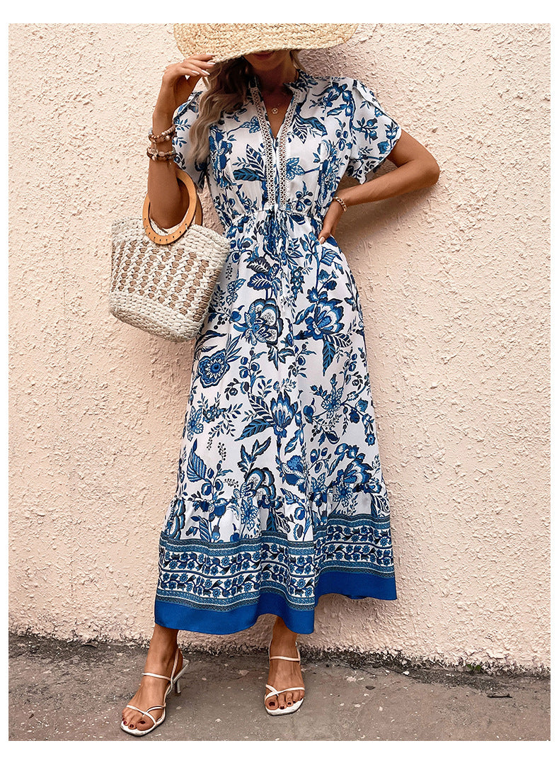 D5425 Summer Boho Retro Blue Floral Long Dress