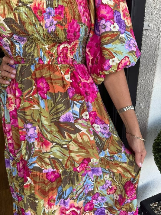 D5445 Hot Pink Smock Waist Floral Long Dress