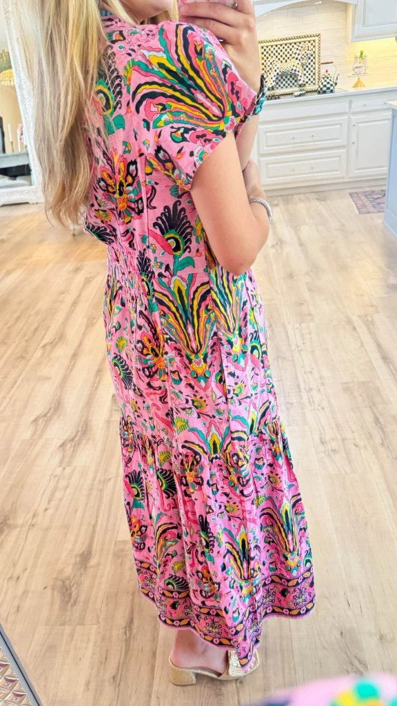 D5447 Short Sleeve Floral Print Long Dress