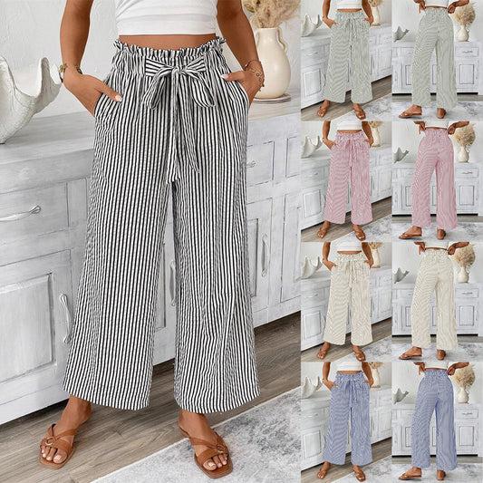 D5453 Summer Bow Knot Stripe Pocket Pants