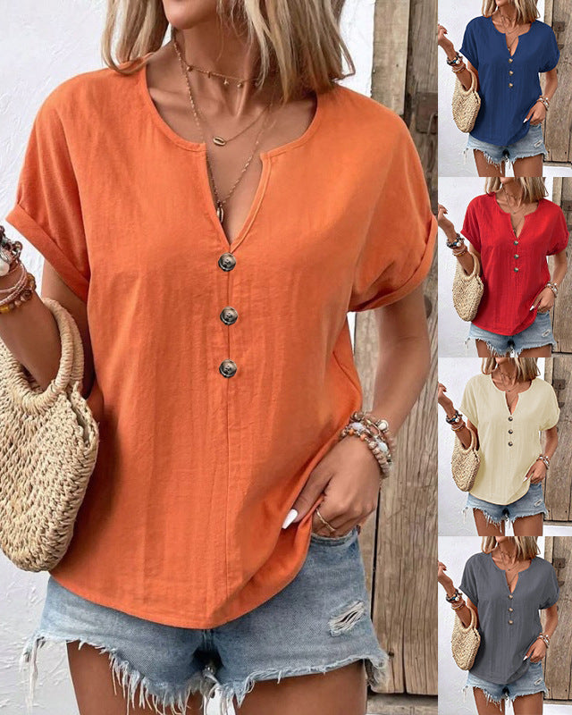D5454 Short Sleeve Button Up V Neck Shirt