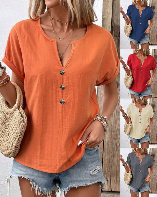 D5454 Short Sleeve Button Up V Neck Shirt